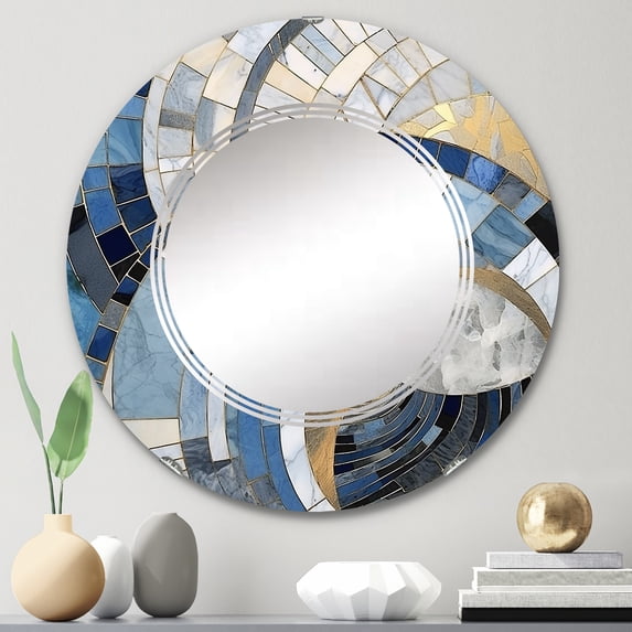 Designart "Constructing Blue Realms in Blue and Gold I" Abstract Shapes Round Wall Mirror - Modern Oval Printed Decorative Oversized Mirror - Multiple Color Options
