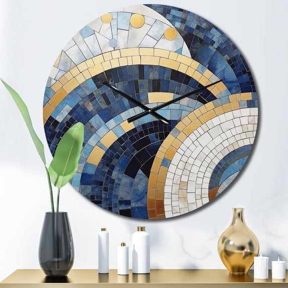 Designart "Constructing Blue Realms in Blue and Gold III" Abstract Shapes Oversized Wall Clock