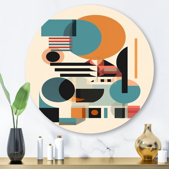 Designart "Contemplative Space Orange and Blue I" Minimalism Metal Round Art Living Room