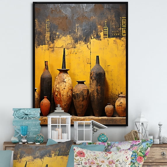 Designart "Contemporary Artistry in Yellow Pottery" Geometric Framed Wall Art - Bohemian Yellow Boho Pottery Hallway Framed Wall Art Decor
