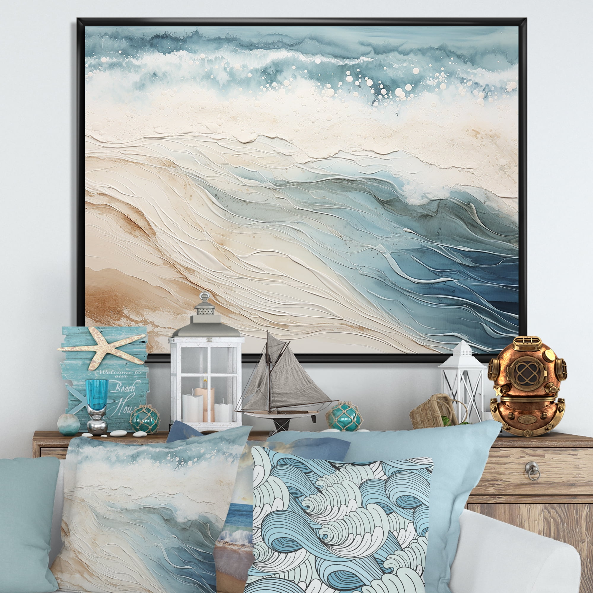 Designart "Contemporary Azure And Taupe Sands From Above V" Coastal Beach Sand Floater Framed