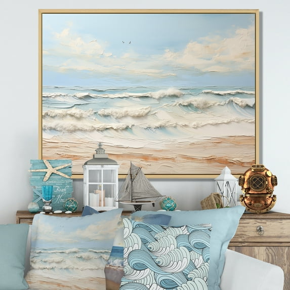 Designart "Contemporary Beach In Beige And Blue Hues" Coastal Ocean Floater Framed Canvas Wall Art