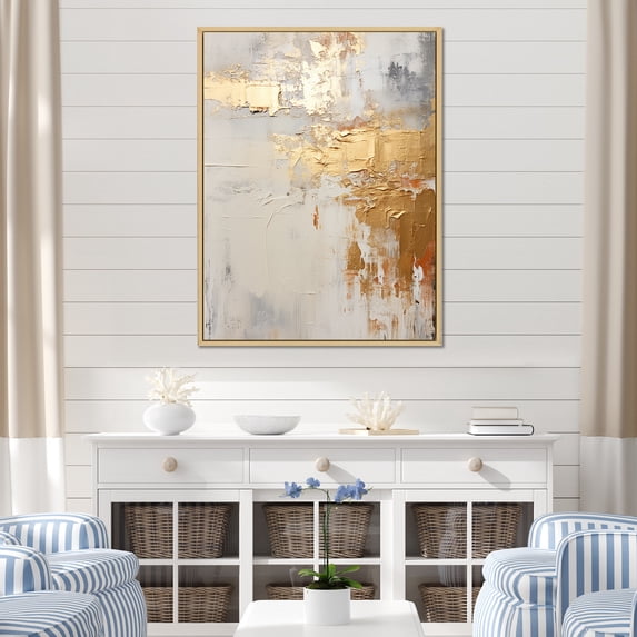 Designart "Contemporary Beige And Gold River Scenery" Coastal Ocean Floater Framed Wall Art Living Room