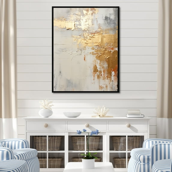 Designart "Contemporary Beige And Gold River Scenery" Coastal Ocean Floater Framed Wall Art Living Room
