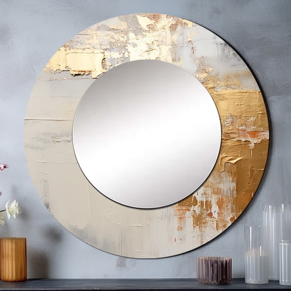 Designart "Contemporary Beige And Gold River Scenery" Coastal Ocean Rund Mirror For Wall Decor - Large Beige Round Print Mirror - Round Coastal Mirror - Wall Mounted Round Large Mirror - 29" x 29"