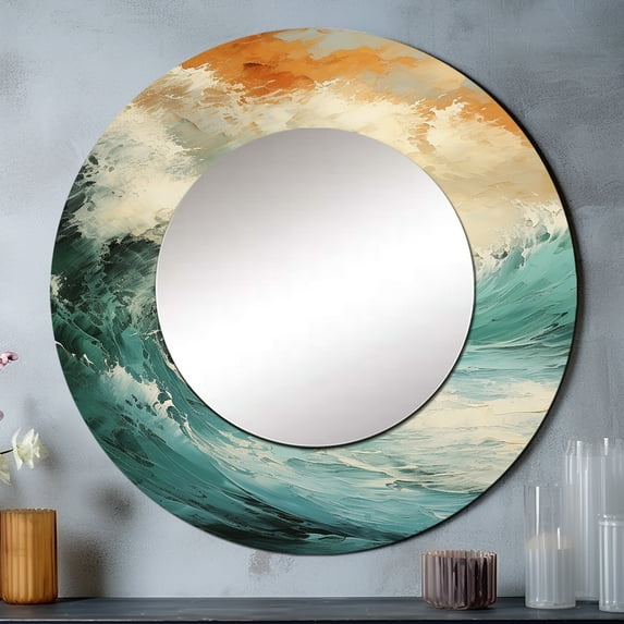 Designart "Contemporary Blue And Gold Waves By The Coast" Coastal Ocean Rund Mirror For Wall Decor - Large Beige Round Printed Mirror - Coastal Round Office Mirror - 36" x 36"