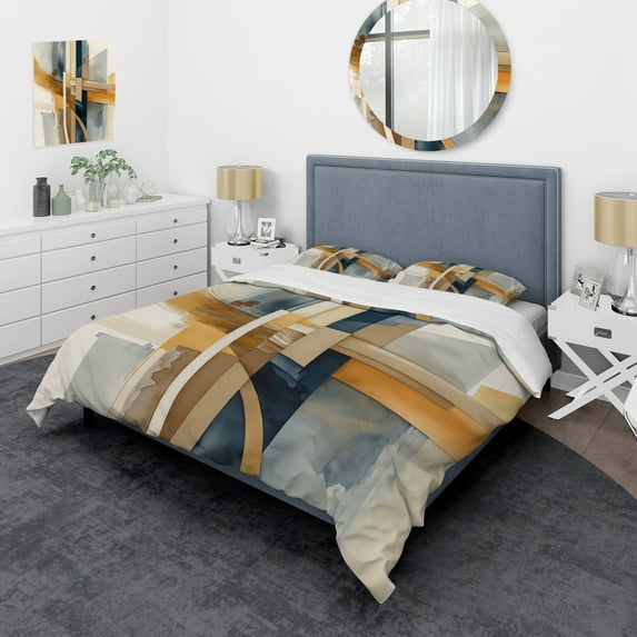 Designart "Contemporary Blue and Gold Abstraction I" Modern Bedding Covert Set - Abstract Transitional Blue Abstract Bed Set With 1 Sham