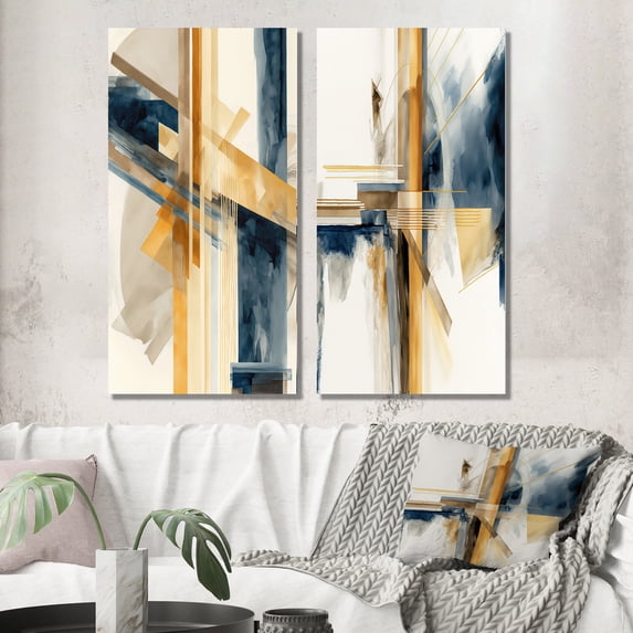 Designart "Contemporary Blue and Gold Abstraction III" Abstract Transitional Wall Art Set Of 2 - Blue Abstract Canvas Set For Living Room Decor