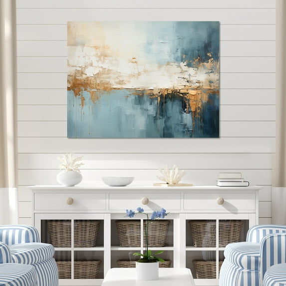 Designart "Contemporary Coastal River In Blue And Gold I" Coastal Ocean Wall Art Living Room