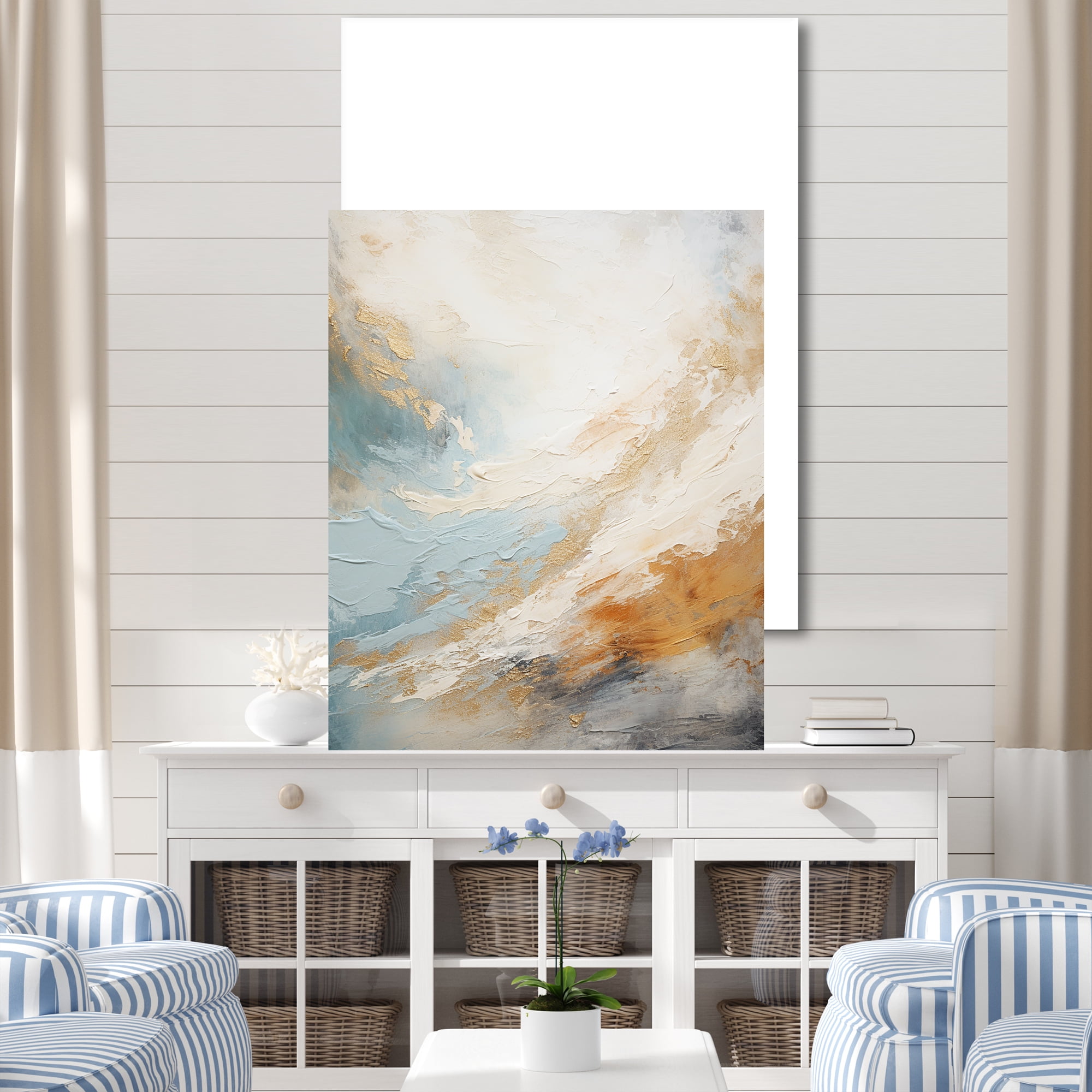 Designart "Contemporary Coastal River In Blue And Gold II" Coastal ...