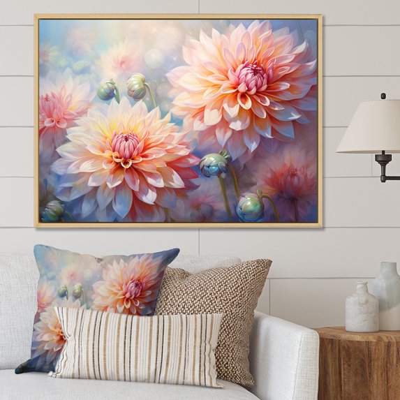 Designart "Contemporary Dreams In Coral And Blue Dahlias I" Dahlia Floater Framed Wall Decor