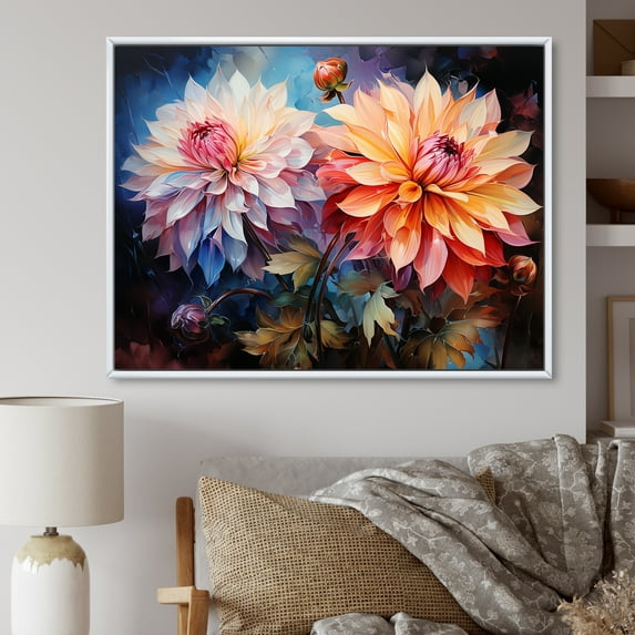 Designart "Contemporary Dreams In Coral And Blue Dahlias III" Dahlia Floater Framed Wall Art Prints