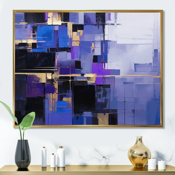Designart "Contemporary Fusion: Black, Blue, and Purple I" Abstract Painting Floater Framed Wall Art Prints