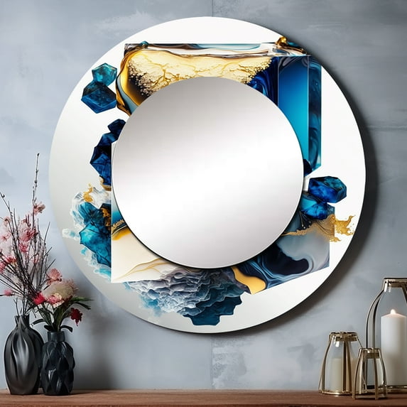 Designart "Contemporary Geode Abstraction" Animals Round Mirror Wall Decor Modern - Large Gold Round Bathroom Mirror - Round Mirror - 29" x 29"