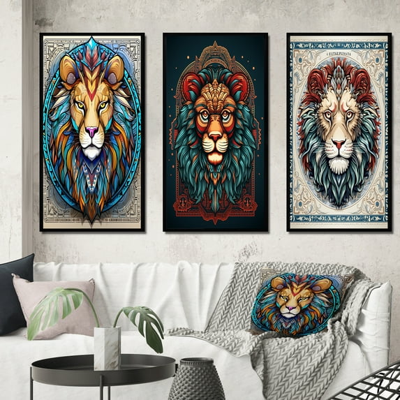 Designart "Contemporary Illustration Wild Lion Portrait" Animals Lion Framed Wall Art Set Of 3 - Brown Lion Frame Canvas Set For Living Room Decor