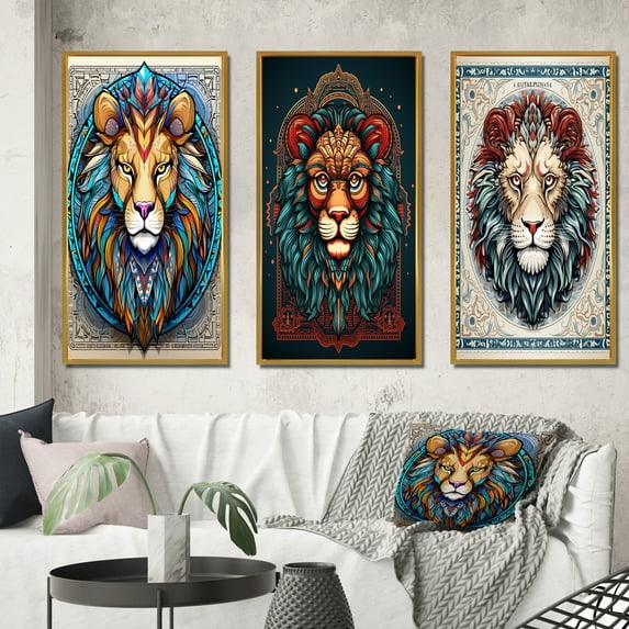 Designart "Contemporary Illustration Wild Lion Portrait" Animals Lion Framed Wall Art Set Of 3 - Brown Lion Frame Canvas Set For Living Room Decor