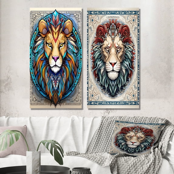 Designart "Contemporary Illustration Wild Lion Portrait" Animals Lion Wall Art Set Of 2 - Children's Art Brown Gallery Set For Office Decor