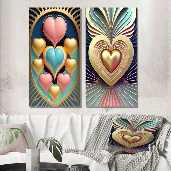 Designart "Contemporary Pastel Blue Heart Radiating Light II" Romantic Abstract Wall Art Set Of 2 - Modern Blue Gallery Set For Office Decor