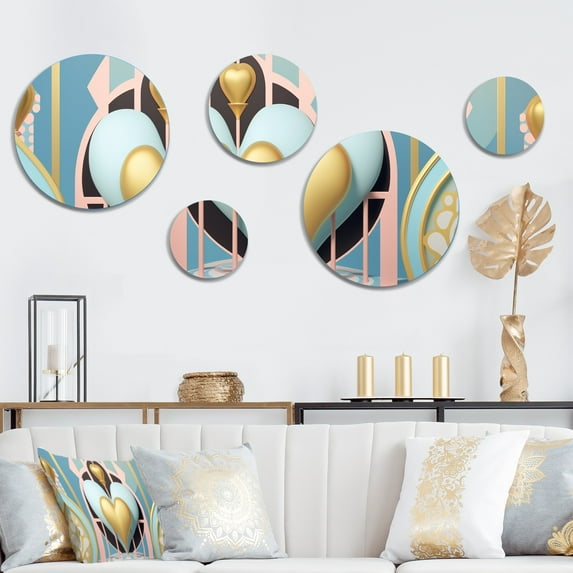 Designart "Contemporary Pastel Gold Radiating Heart II" Romantic Abstract Metal Wall Art Set of 5 Piece