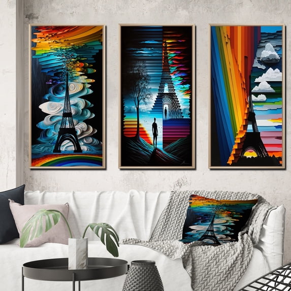 Designart "Contemporary Rainbow Eiffel Tower in Paris II" City Paris Framed Wall Art Set Of 3 - Multicolor Paris Frame Gallery Wall Set For Home Decor