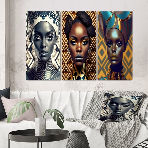 Designart "Contemporary Retro Beauty of African Woman I" African American Wall Art Set Of 3 - Glam Grey Gallery Wall Set For Home Decor