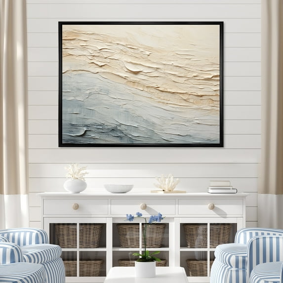 Designart "Contemporary River In Beige And Grey Tones I" Coastal Ocean Floater Framed Wall Decor