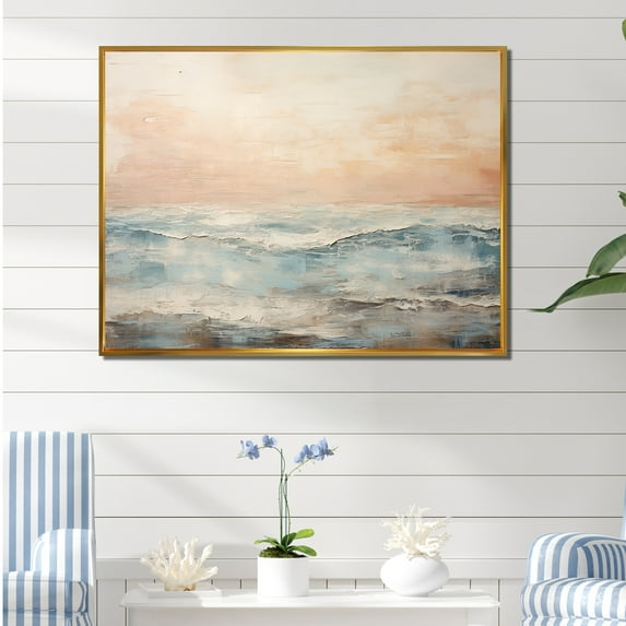 Designart "Contemporary River With Beige And Blue Tones" Coastal Ocean Floater Framed Wall Art Prints