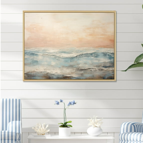 Designart "Contemporary River With Beige And Blue Tones" Coastal Ocean Floater Framed Wall Art Prints