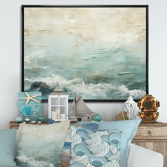 Designart "Contemporary River With Beige And Blue Tones I" Coastal Ocean Floater Framed Canvas Wall Art