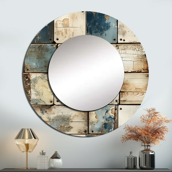 Designart "Contemporary Rural Cubism" Graphic Print White Large Round Mirror - Round Bedroom Mirror Wall Decor - Vintage Round Printed Mirror - 23" x 23"