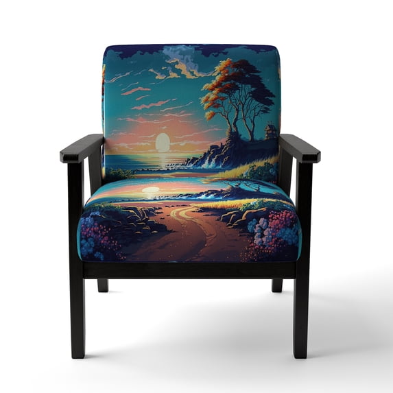 Designart "Contemporary Vector Sunset IV" Blue Landscape & Nature Upholstered Accent Chair - Modern Arm Chair For Living Room