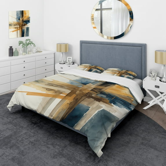 Designart "Contemporary Watercolor Abstraction I" Modern Bedding Covert Set - Abstract Spirals Blue Abstract Bed Set With 2 Shams
