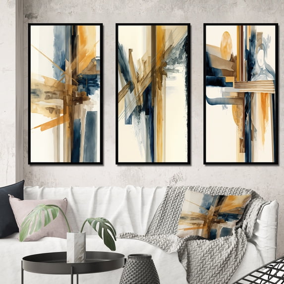 Designart "Contemporary Watercolor Abstraction I" Modern Framed Wall Art Set Of 3 - Blue Abstract Spirals Frame Gallery Set For Office Decor