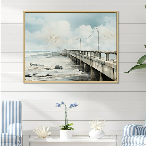 Designart "Contemporary Watercolor Horizon With A Pier II" Coastal Pier Floater Framed Canvas Prints