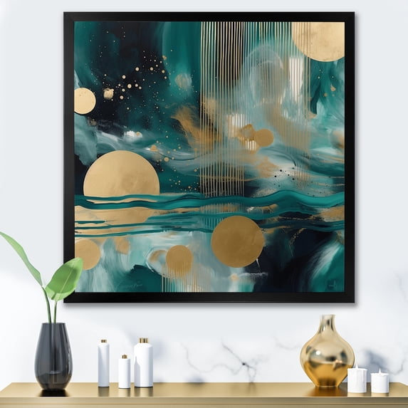 Designart "Contour Circles in Vivid Emerald and Gold II" Abstract Framed Wall Art Decor - Modern Gold Abstract Shapes Hallway Framed Wall Art Decor