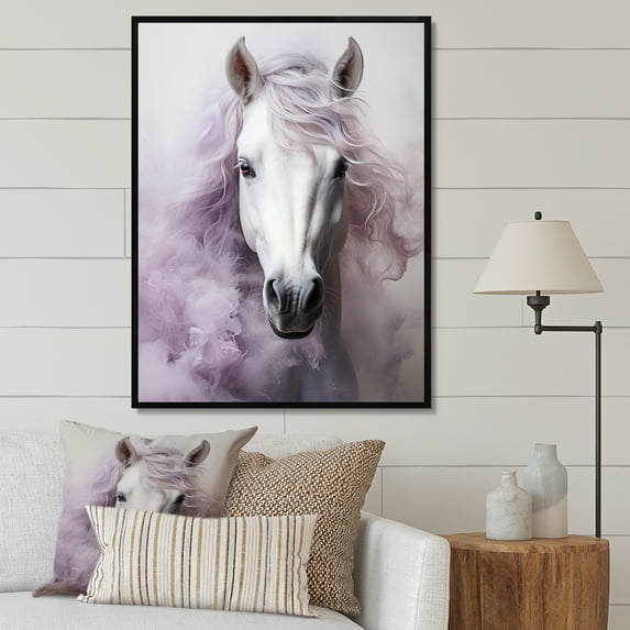 Designart "Contours Pink and White Horse" Animals Floater Framed Wall Art Living Room