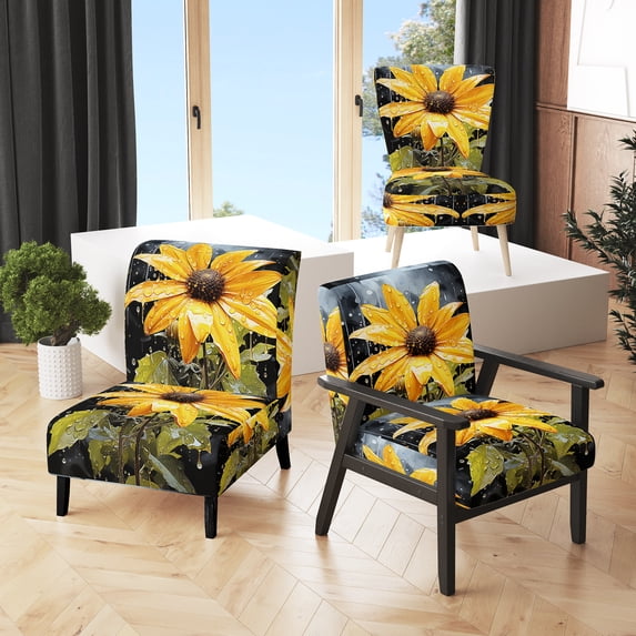 Designart "Contrasting Beauty Yellow Flower painting" Yellow Abstract Botanicals Upholstered Accent Chair - Modern Arm Chair For Bedroom