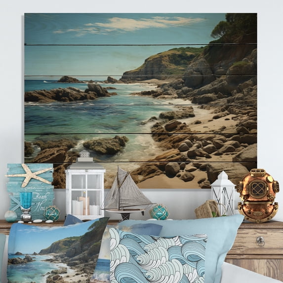 Designart "Contrasting Black Beach II" Nautical & Beach Print on Natural Pine Wood