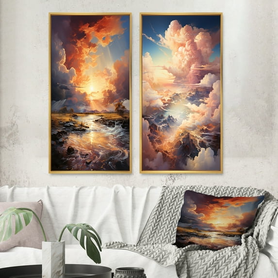 Designart "Contrasting Cloud Dramas I" Clouds Framed Wall Art Set Of 2 - Coral Landscapes Gallery Wall Frame Set For Home Decor