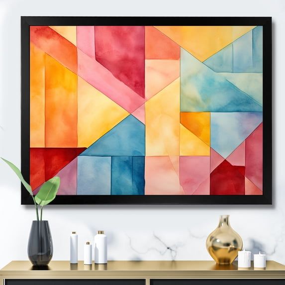 Designart "Contrasting Geometric Composition Pastel Harmony II" Abstract Framed Wall Art Decor - Modern Colorful Abstract Geometric Entryway Framed Wall Art Print