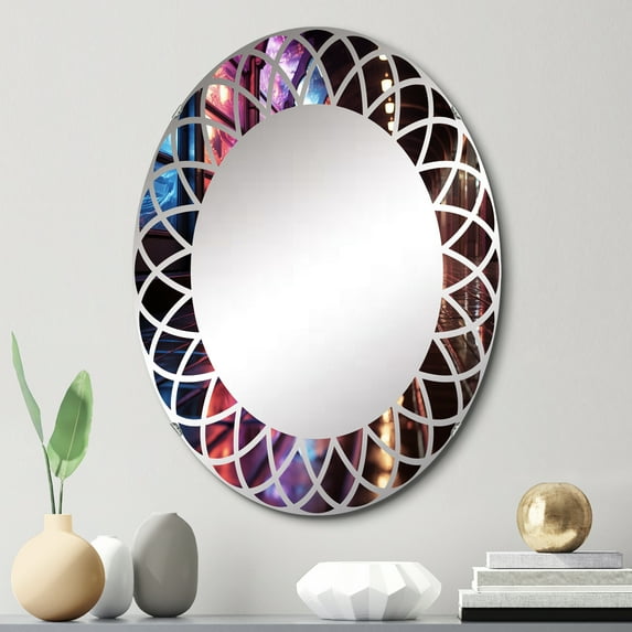 Designart "Contrasting Urban Symphony in Blue and Purple II" Architecture Round Wall Mirror - Industrial Oval Printed Decorative Oversized Mirror - Multiple Color Options