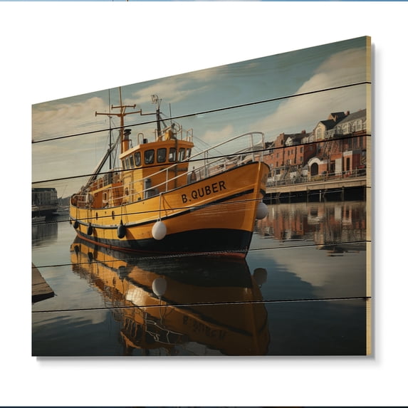 Designart "Contrasts Along the Port Quayside III" Nautical & Beach Print on Natural Pine Wood
