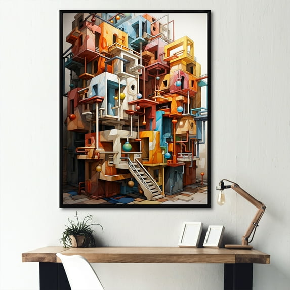 Designart "Converging Creations I" Abstract Cubism Floater Framed Wall Art Living Room