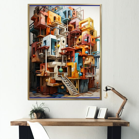Designart "Converging Creations I" Abstract Cubism Floater Framed Wall Art Living Room