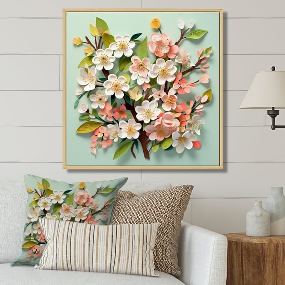 Designart "Coral Apple Blossom composition II" Floral Floater Framed Canvas Print