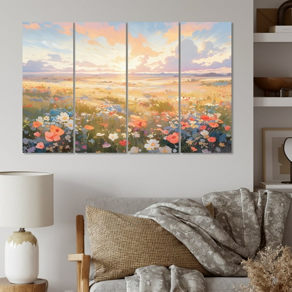 Designart "Coral Beige Wildflower Meadow Pastel Wildflowers" Floral Wall Art Prints Set