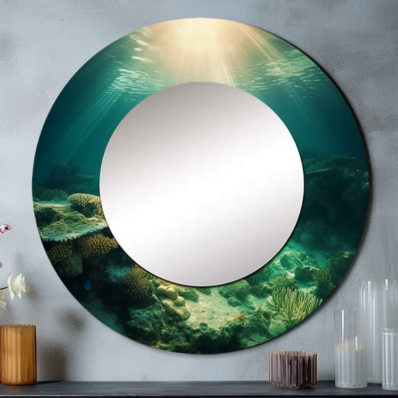 Designart "Coral Beneath the Waves II" Coastal Round Mirror Wall Décor Coastal - Large Turquoise Round Mirror - Round Mirror 36" x 36" Inch