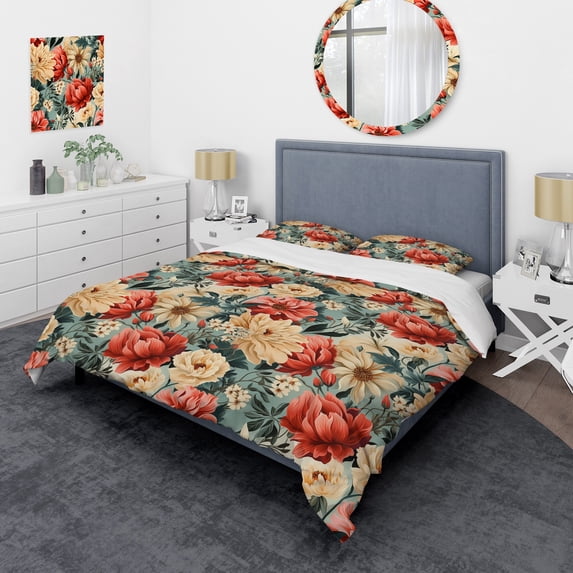 Designart "Coral Blooms In Beige Vintage Garden" Floral Bedding Covert Set - Cottage Bed Set With 2 Shams