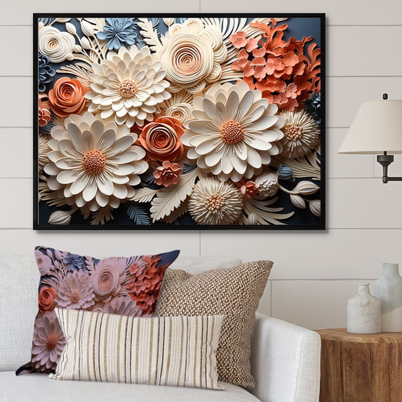 Designart "Coral Blooms In Peach And White I" Abstract Botanicals Floater Framed Wall Decor