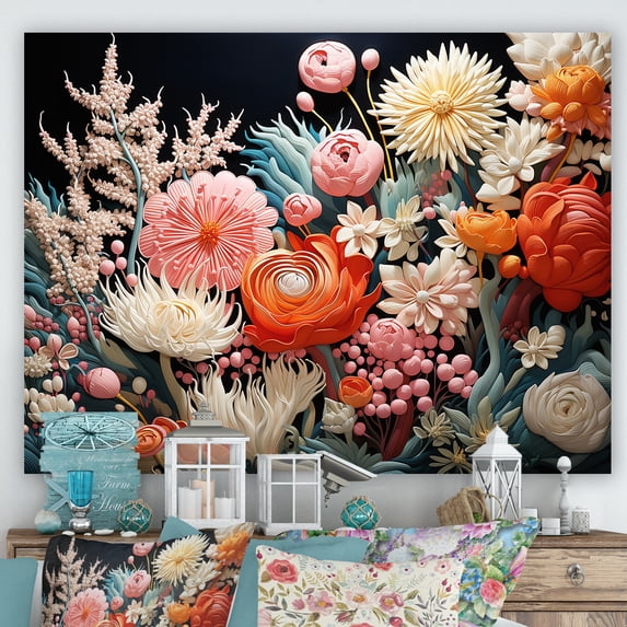 Designart "Coral Blooms In Peach And White II" Abstract Botanicals Canvas Art Print